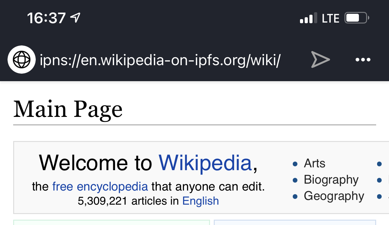 A screenshot of Wikipedia on IPFS in Opera Touch